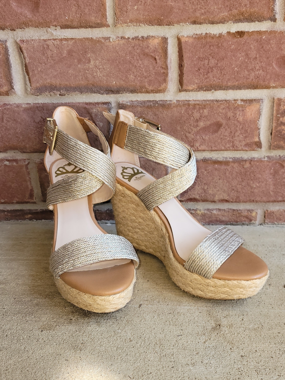 Fergalicious Gold Wedge Espadrille Sandals Metallic Ankle Strap Women 6.5 Summer